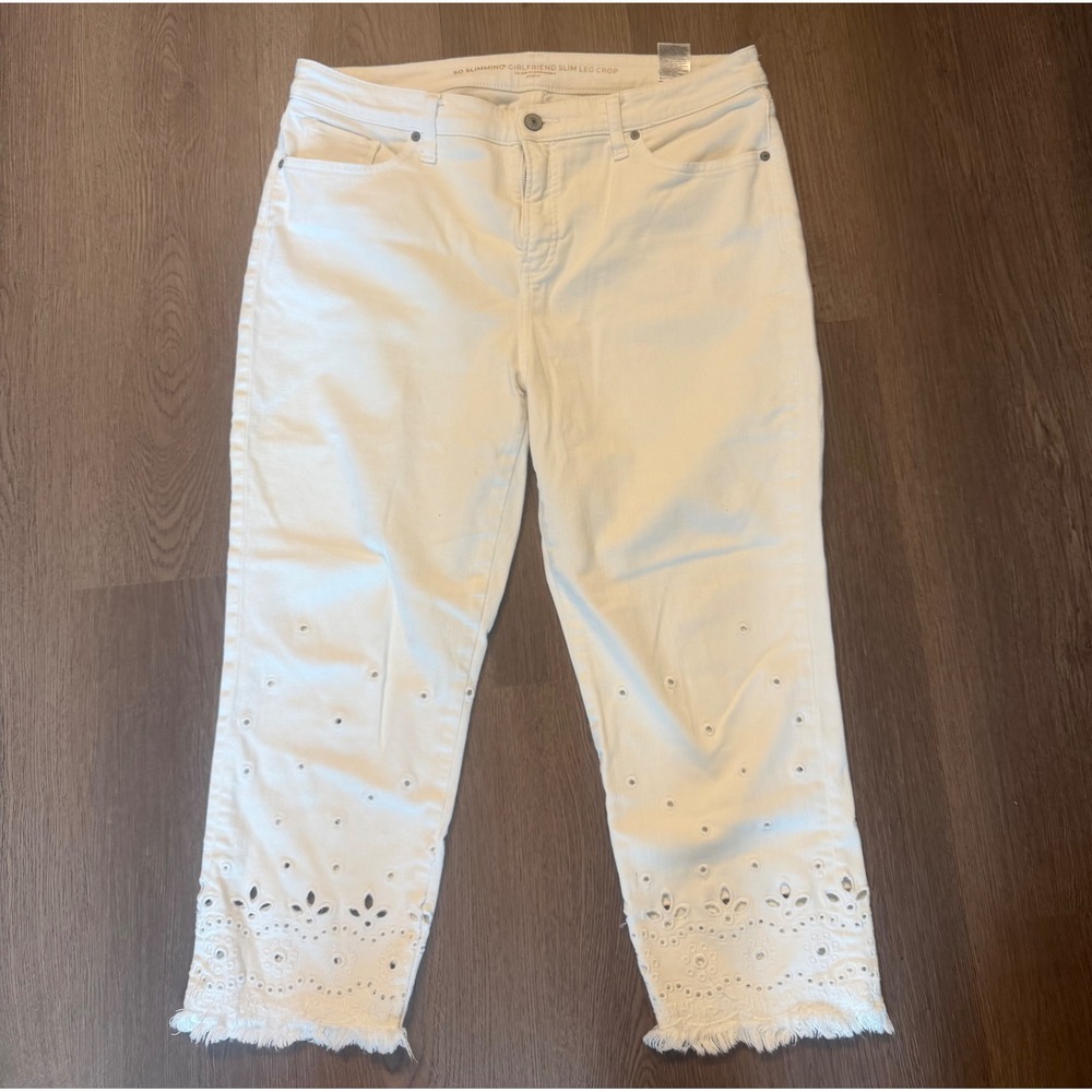 Chicos So Slimming Girlfriend Slim Leg Crop White Eyelet Hem Jeans Size 2 12